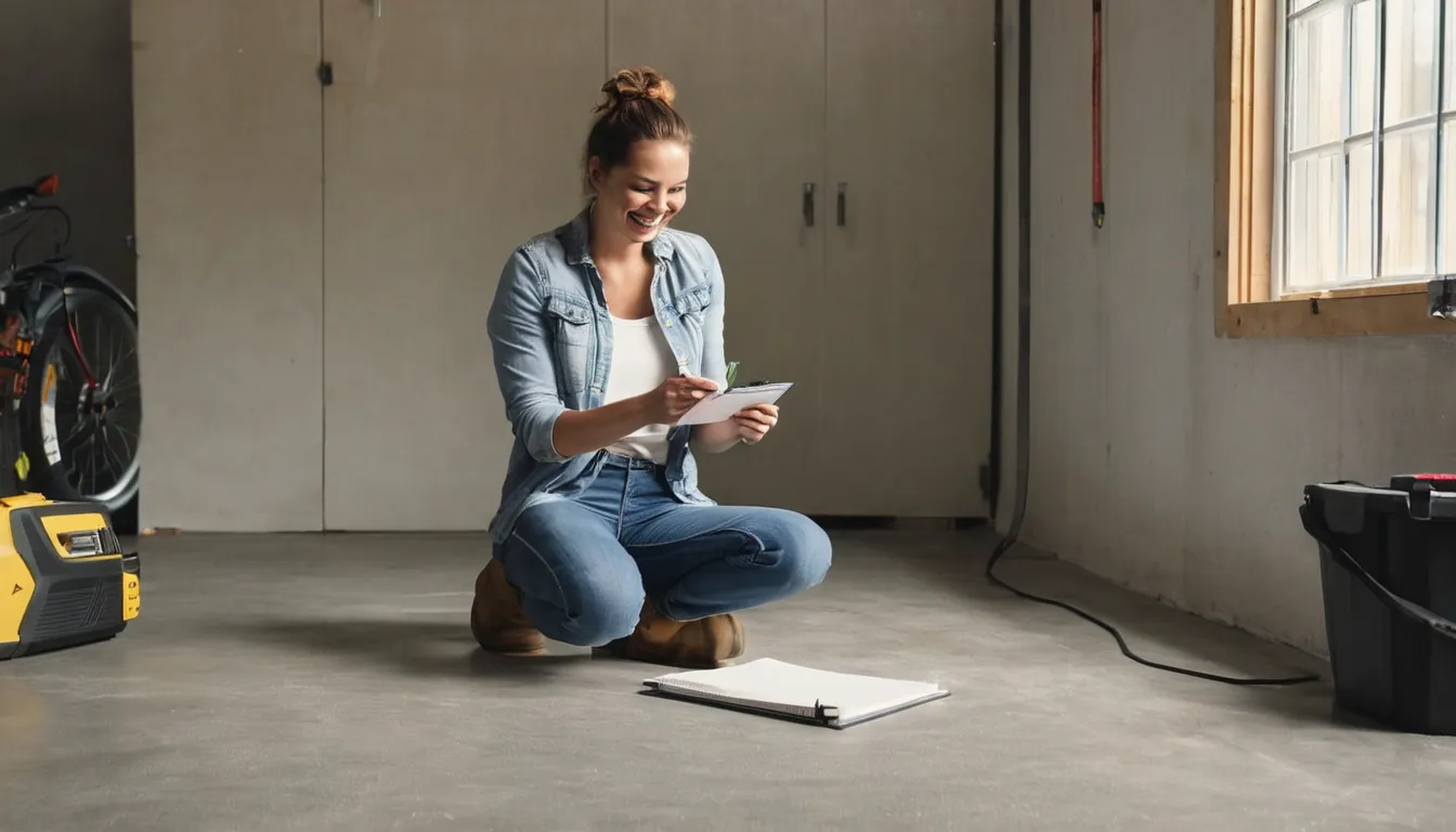 A homeowner checking a concrete floor with a flashlight and notepad